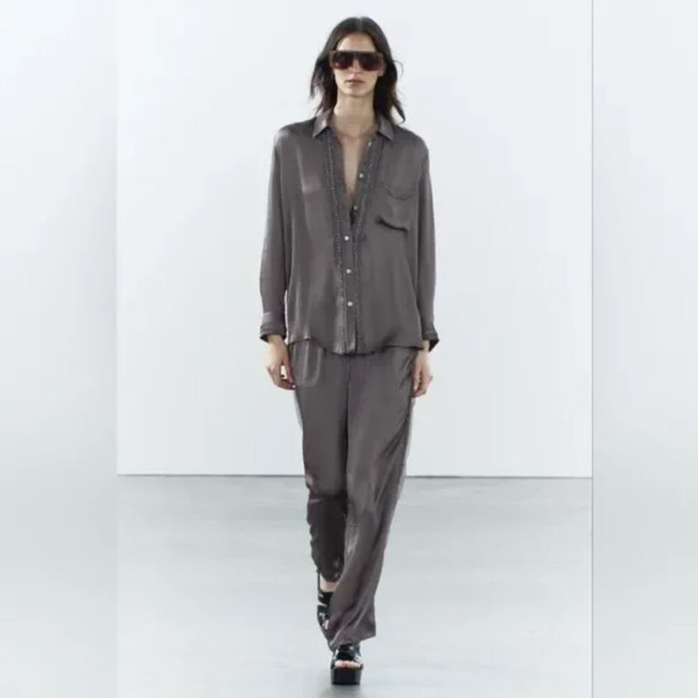 ZARA SET ZW COLLECTION EMBROIDERED SATIN TROUSERS AND BLOUSE TOP